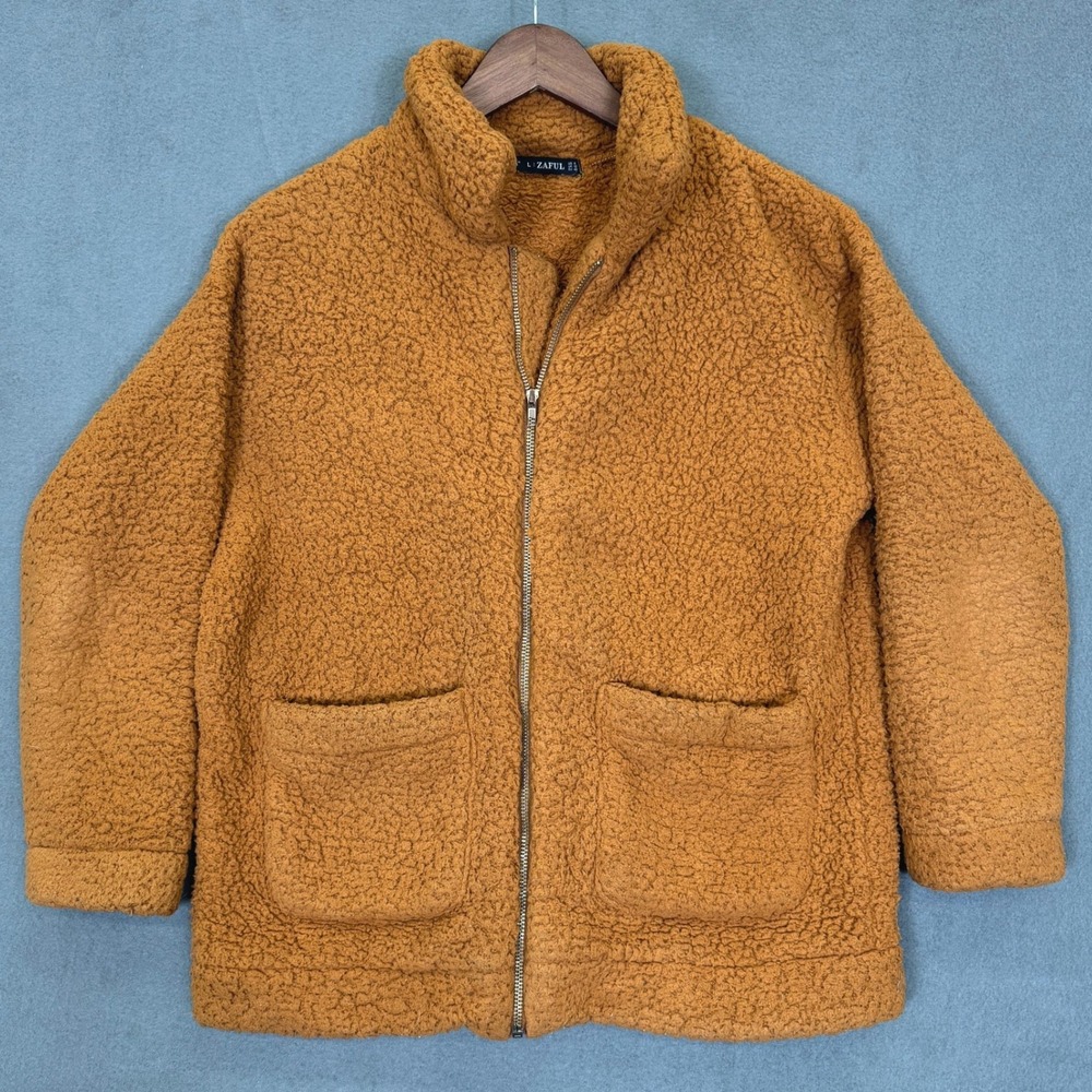Sherpa Fleece Jacket Women L Brown Teddy Full Zip Mock Neck Patch Pockets Cozy